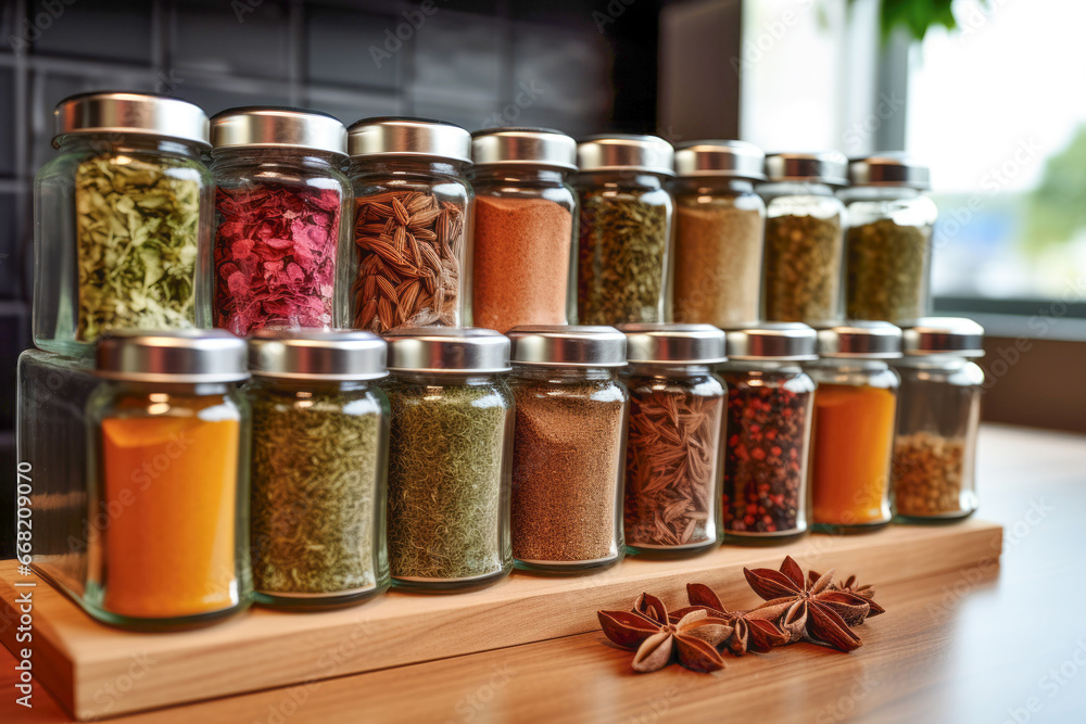A wooden kitchen container filled with an assortment of dry spices and herbs, including paprika, curry, and coriander, perfect for adding flavor to food. A wooden kitchen container filled with an assortment of dry spices and herbs, including paprika, curry, and coriander, perfect for adding flavor to food.