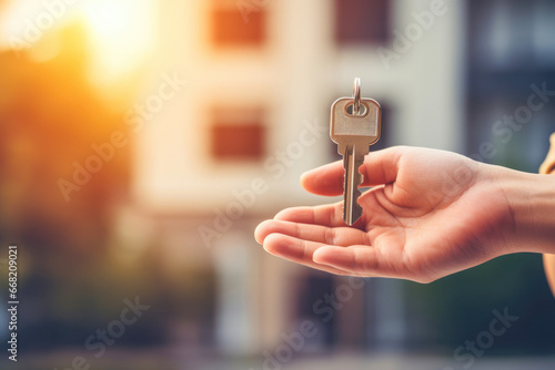 A hand holding the key to a new home, symbolizing the real estate business and the dream of homeownership.