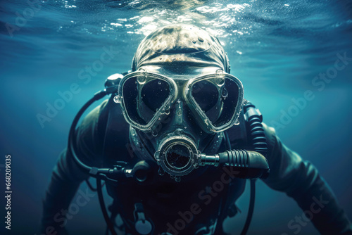 A fearless Navy diver descending into the deep blue ocean. The dark, pressurized depths can be both exhilarating and intimidating, showcasing the bravery of these underwater professionals.