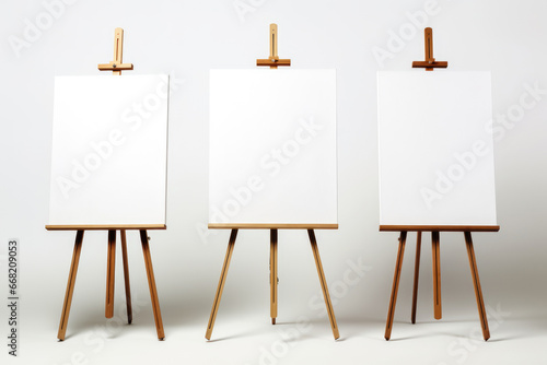 artistic wooden easel with a blank white canvas, ready to be transformed into a beautiful painting, highlighting the essence of creativity and artistic potential.