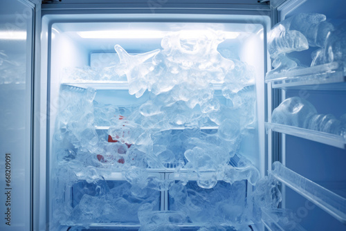 A kitchen freezer in the process of defrosting, revealing a landscape of icy frost and snow within.