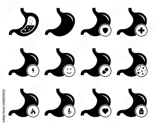 Stomach diseases and treatment vector icons isolated on white.