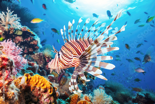 Beneath the surface of the ocean, a stunning lionfish, surrounded by the vibrant colors of the coral reef, creates a mesmerizing underwater scene for scuba divers to admire.