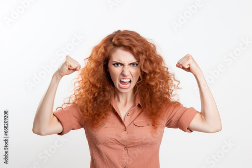 female model's portrait conveys the depth of her emotions as she screams with anger, her beauty and strong expression revealing a complex and powerful personality.