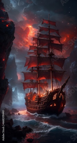 a pirate ship in the ocean with red flames
