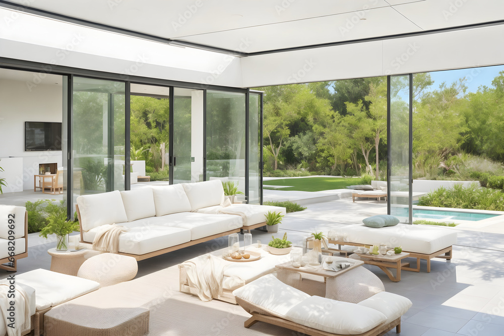 Emphasize the seamless connection between indoor and outdoor living spaces, with large sliding glass doors opening to expansive terraces and outdoor lounges