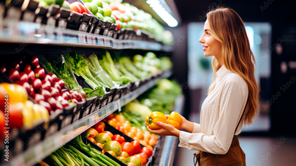woman choosing vegetables in the supermarket. AI Generated