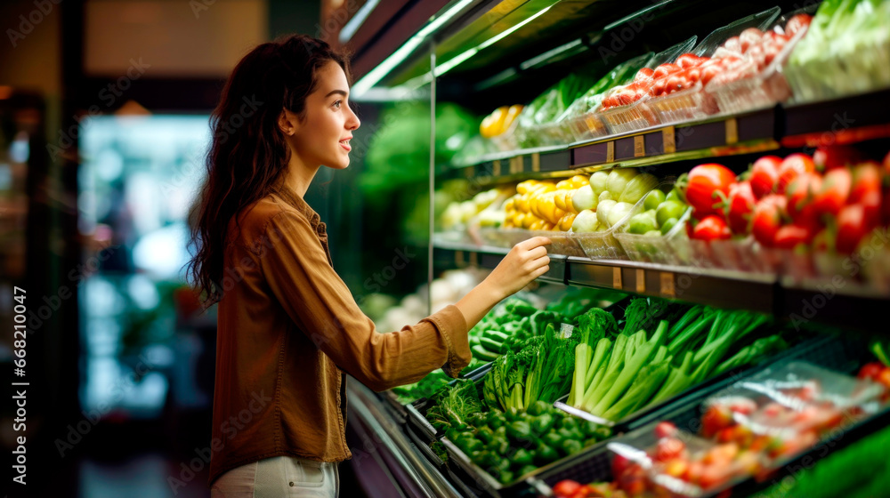 woman choosing vegetables in the supermarket. AI Generated