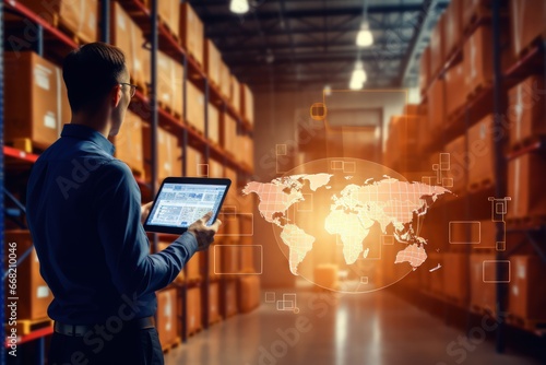 Businessman with tablet PC in container warehouse. Online control of cargo and movements in the warehouse. Shipment and verification of contracts online.