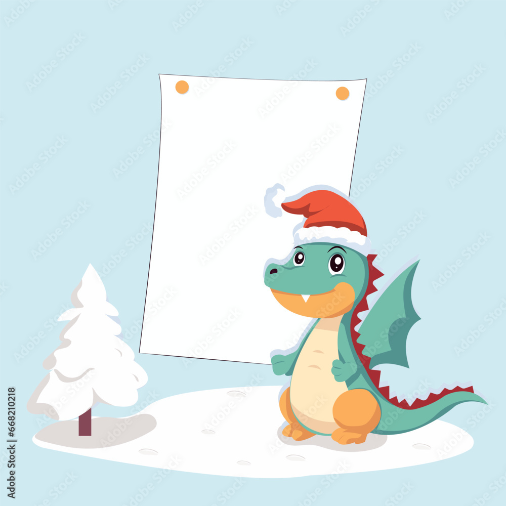 Vector flat cartoon illustration of a friendly dragon in a New Year's hat in a snowy forest near a large sheet of paper. You can place text on a blank sheet of paper.
Vector flat cartoon illustration of a friendly dragon in a New Year's hat in a snowy forest near a large sheet of paper. You can place text on a blank sheet of paper.