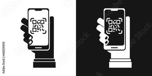 Qr code scan vector icon. Phone in hand with qr code sign