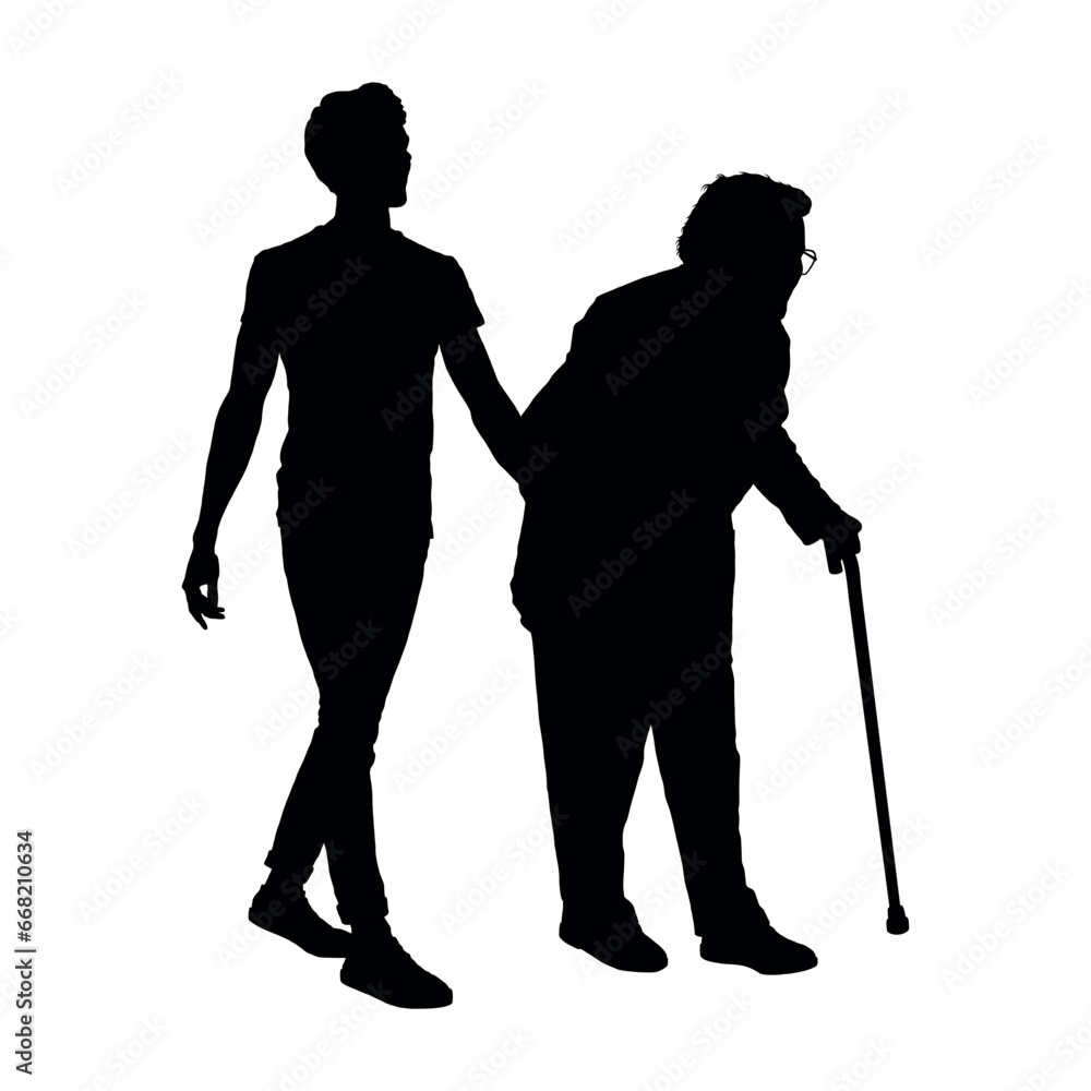 Young man assisting senior woman walking with walking stick silhouette.