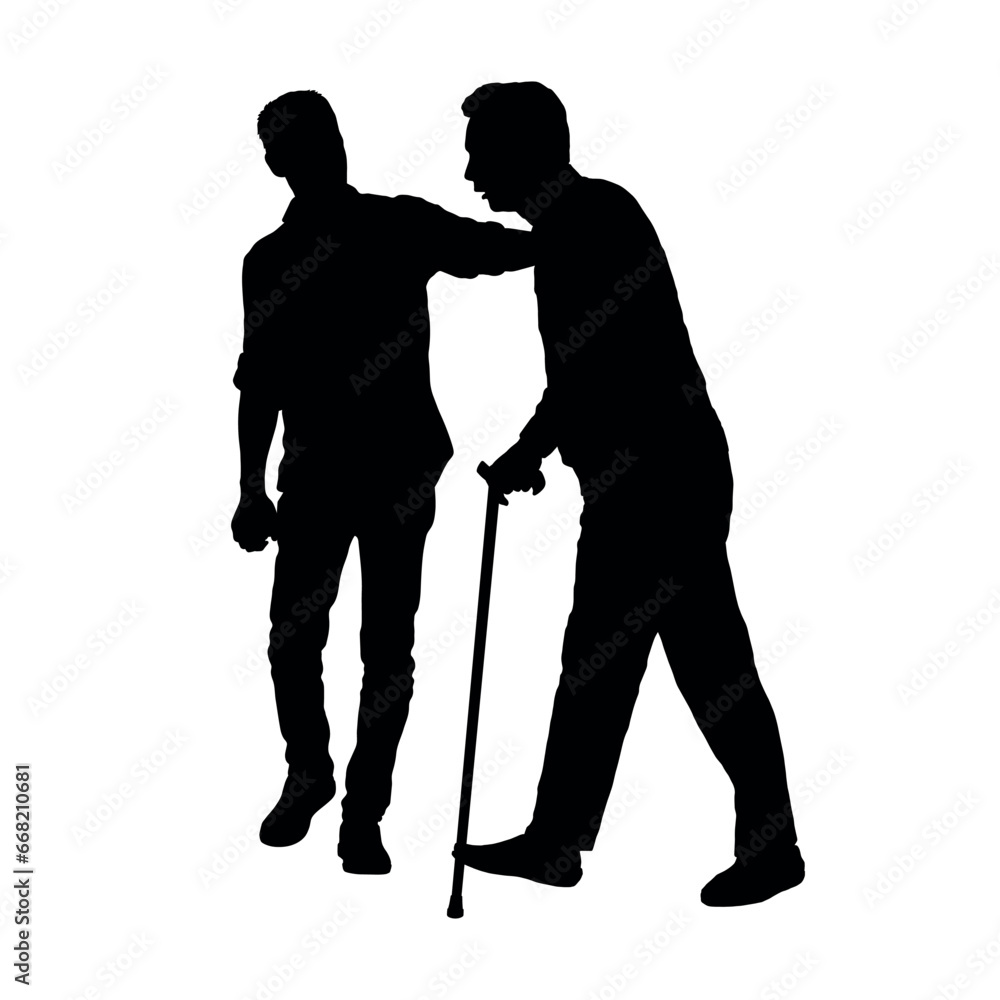 Young man helping older man walking with walking stick vector silhouette.