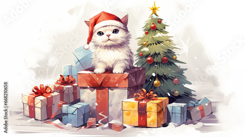 Christmas Cat and Christmas Tree with Presents, Cartoon