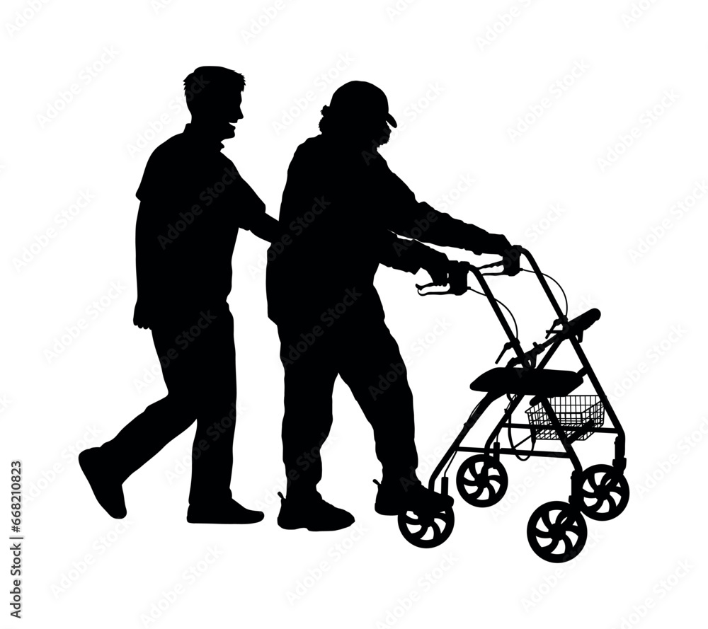 Young man helping elderly woman to use walker rollator vector silhouette. Young man helping elderly woman to use walker rollator vector silhouette.