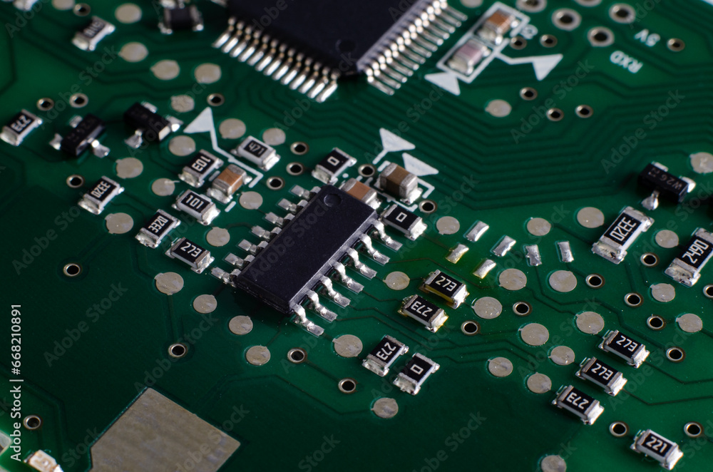 Electronic components on a board close-up Electronic components on a board close-up