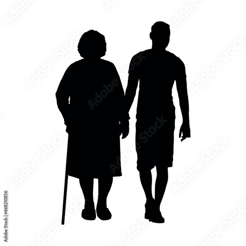 Teenage man helping senior woman walking with walking stick black silhouette. Young man holding old woman's hand to help while walking together vector silhouette.