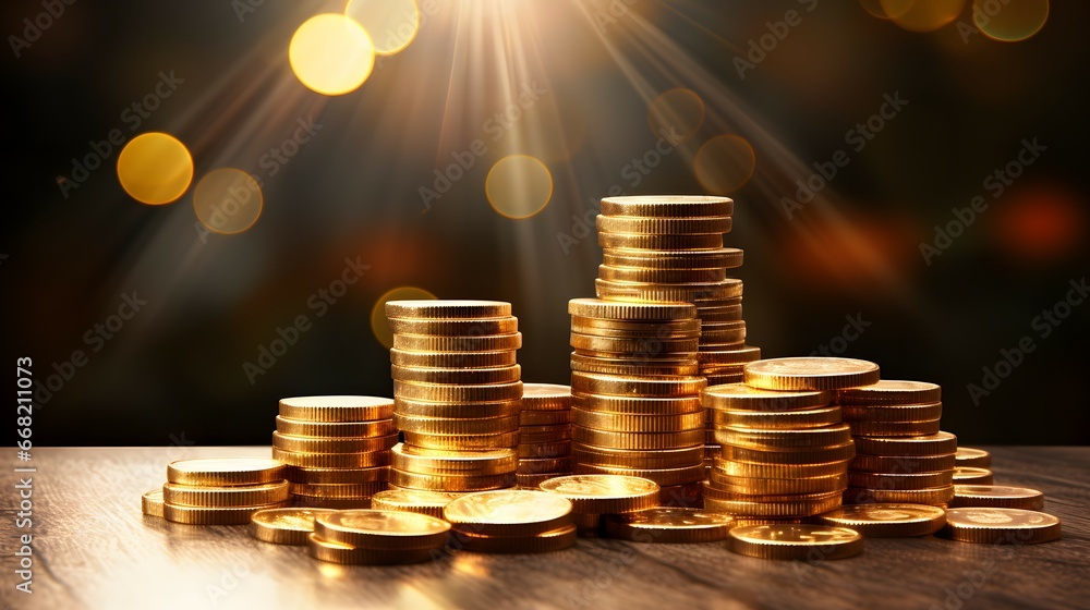 stacks of coins on a table with a bokeh background stacks of coins on a table with a bokeh background