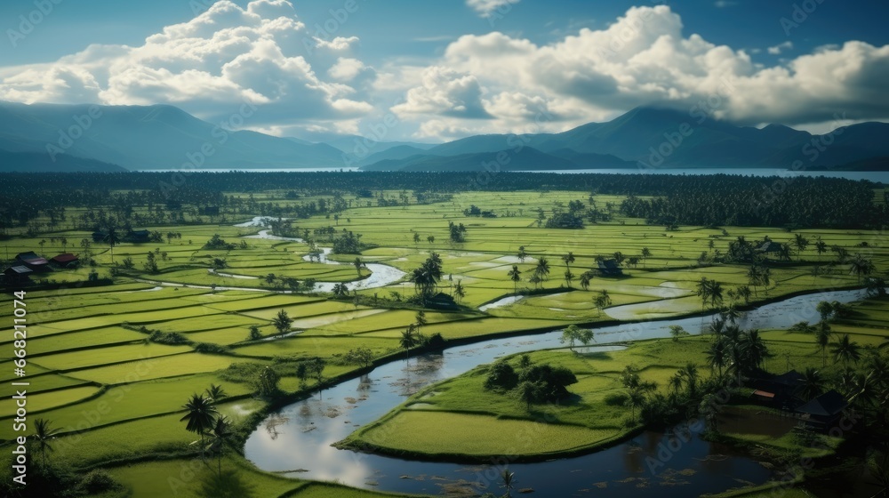 Large paddy fields, Aerial view.
