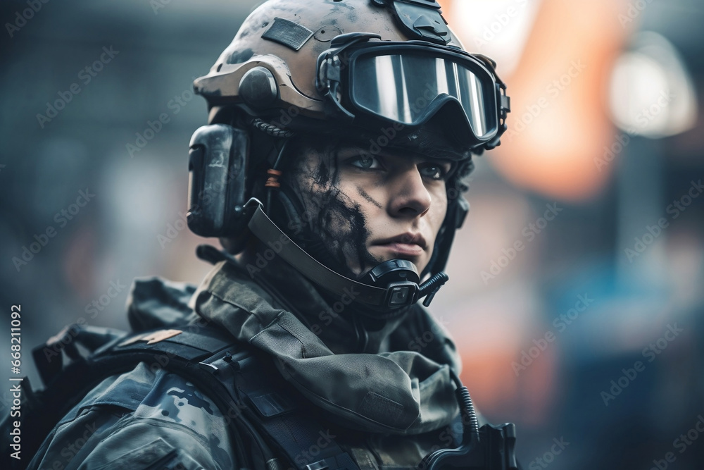 Portrait of futuristic armed soldier and blurred background generative ai