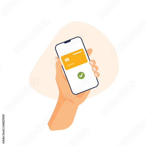 Human hand pay with mobile phone. Contactless payment. Mobile online banking app and electronic wallet. Finance vector illustration in a trendy flat style.