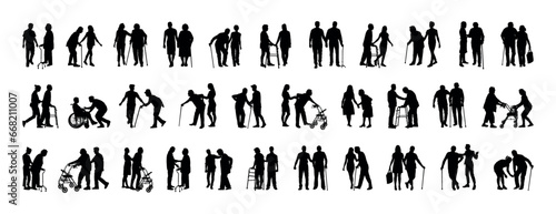 Young person helping elderly person walking with walking aids silhouette set collection.