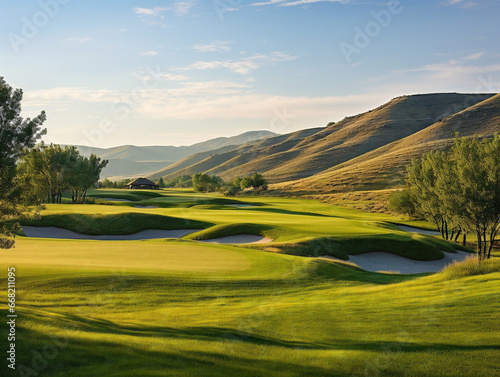 A breathtakingly manicured golf course set against a picturesque backdrop of natural beauty.
