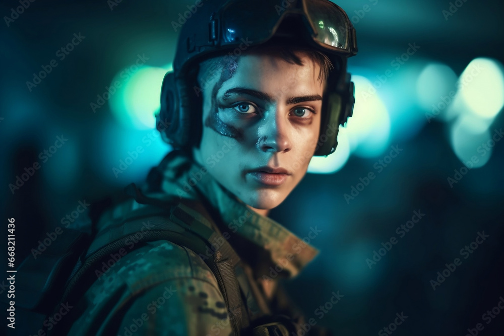 Portrait of futuristic armed soldier and blurred background generative ai Portrait of futuristic armed soldier and blurred background generative ai