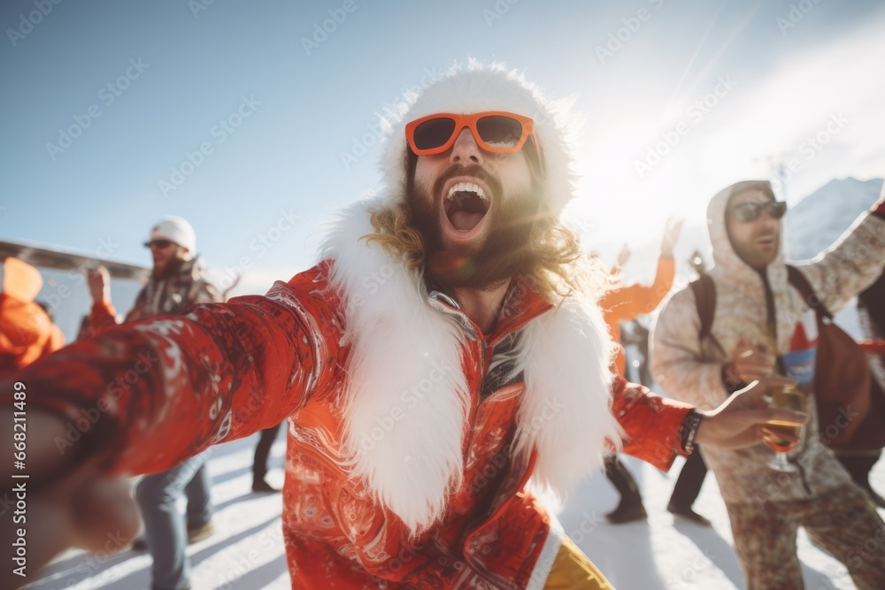 People on apres ski party on ski resort - obrazy, fototapety, plakaty 