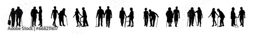 Caregiver helping senior people walking using walking aid silhouette set collection.