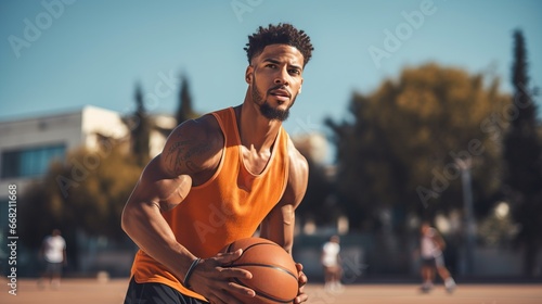 Young Man Engaged in an Intense Outdoor Basketball Game, Sport and Fitness Concept - Athletic and Energetic photo