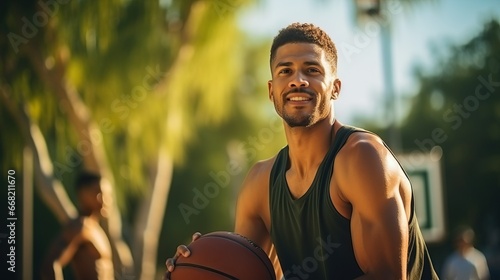 Young Man Engaged in an Intense Outdoor Basketball Game, Sport and Fitness Concept - Athletic and Energetic © thesweetsheep
