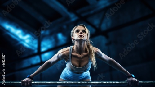Girl athlete gymnast exercises on uneven bars photo