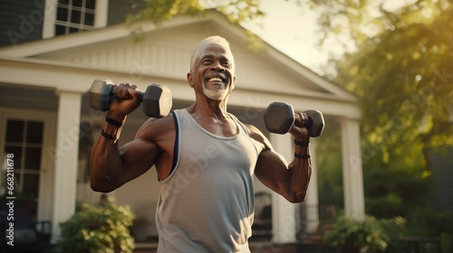 Active Senior African American Man Hold Dumbbell, Weight Training 