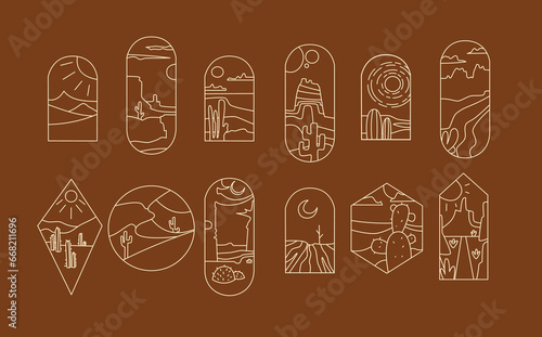 Boho day and night landscape linear logos set. Vector Bohemian labels with desert, mountains, cactus, sun and moon for Creating Brand, Invitation, Social Media Posts and Stories