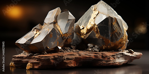 Pyrit Stein in Kupfer und Goldgelb Nahaufnahme Querformat für Banner, ai generativ photo