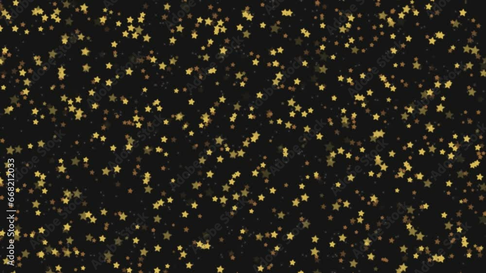 Abstract festive motion background with animated shiny golden yellow star shape glitter particles flickering and falling on black backdrop. Decorative video animation for Christmas or New Year party. Abstract festive motion background with animated shiny golden yellow star shape glitter particles flickering and falling on black backdrop. Decorative video animation for Christmas or New Year party.