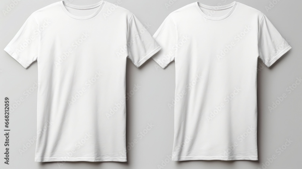 Two White T-shirts on a one color background. Mock up. Blank for creating promotional products with prints and logo Two White T-shirts on a one color background. Mock up. Blank for creating promotional products with prints and logo
