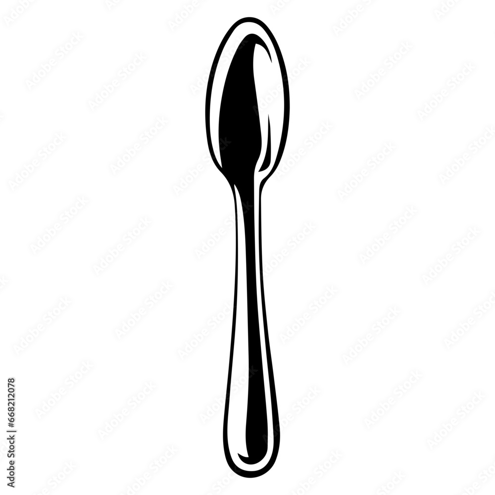 Drawing of a spoon, illustration, vector on white background. Silhouette of a metal spoon. Drawing of a spoon, illustration, vector on white background. Silhouette of a metal spoon.