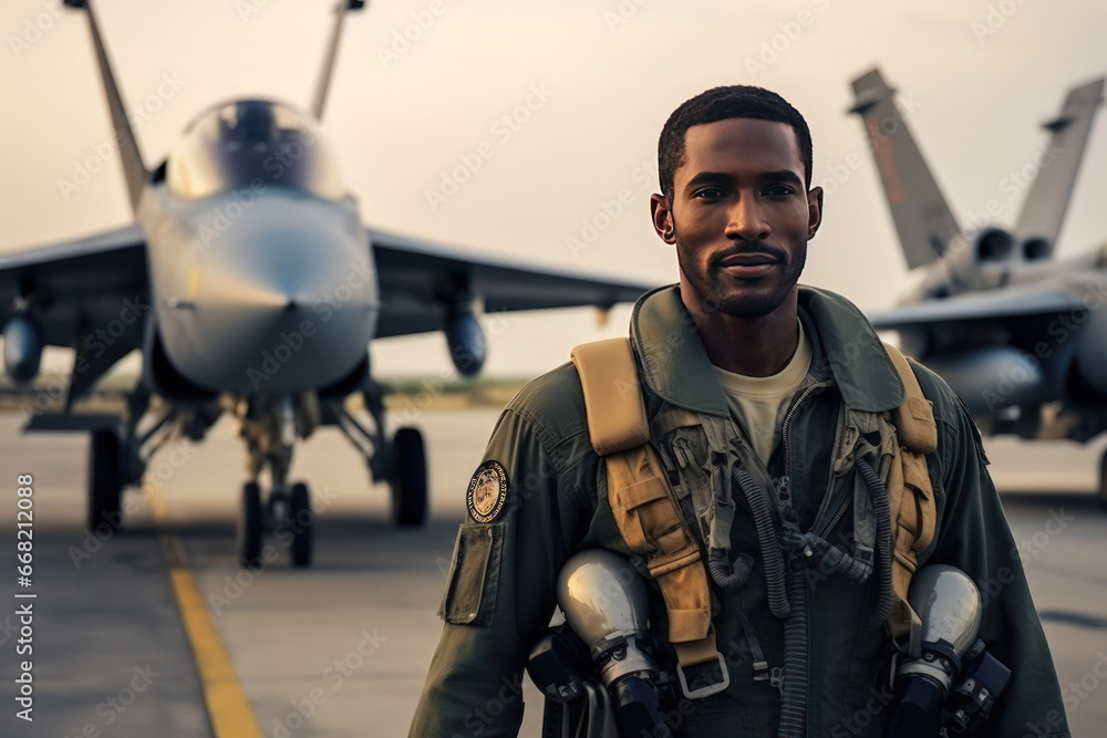 Portrait of a modern fighter pilot. A young serious African American pilot poses against the backdrop of a modern fighter jet. Portrait of a modern fighter pilot. A young serious African American pilot poses against the backdrop of a modern fighter jet.
