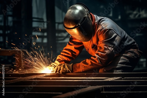 Factory working welding welder safety manufacturing spark equipment engineering industrial workshop steel metal
