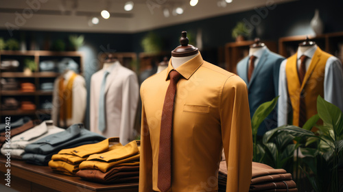 Men's clothing in a display modern store.