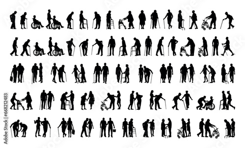 Elderly people with walking aids in row silhouette set collection. Caregiver helping senior person using walking aids vector silhouette set.