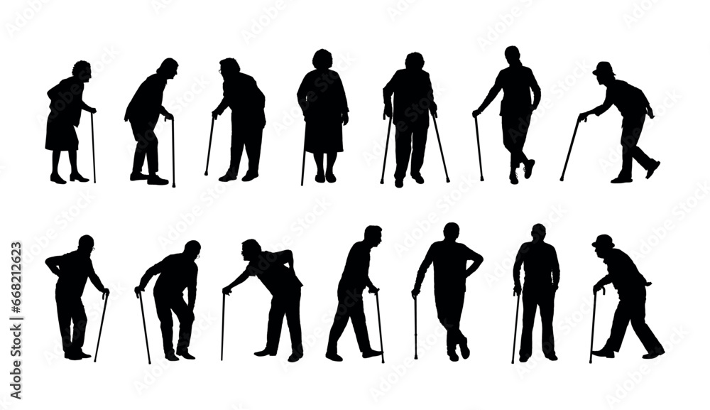 Elderly people with walking stick cane silhouette set vector.
