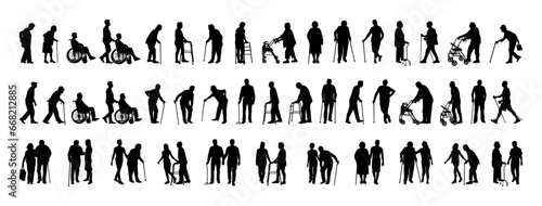 Elderly person with walking aids vector silhouette set collection.