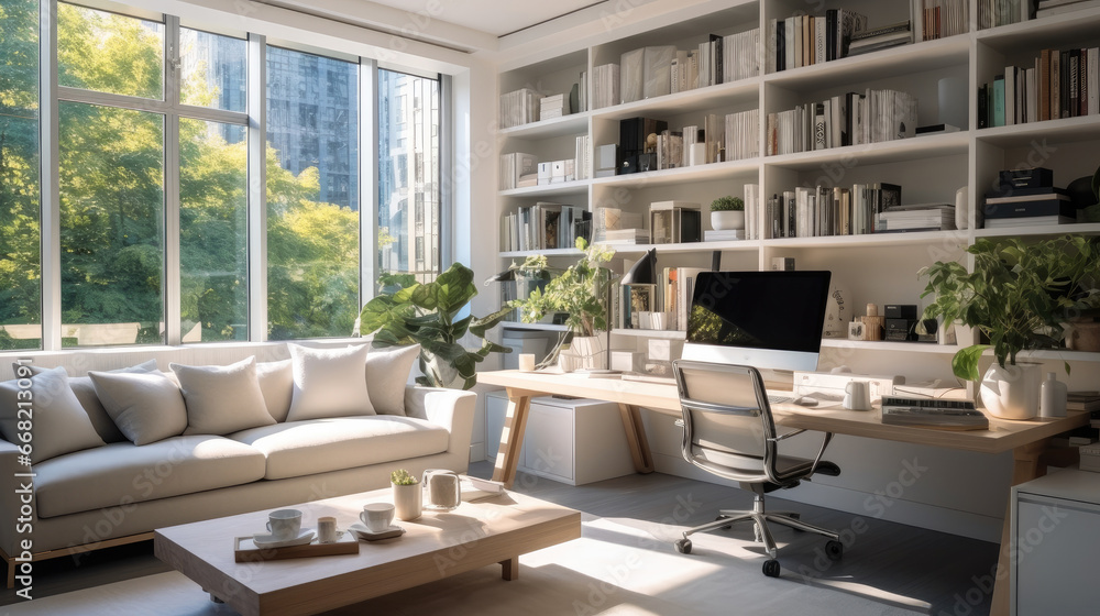 Home office, Modern home office in the living room, Remote work from home. Home office, Modern home office in the living room, Remote work from home.