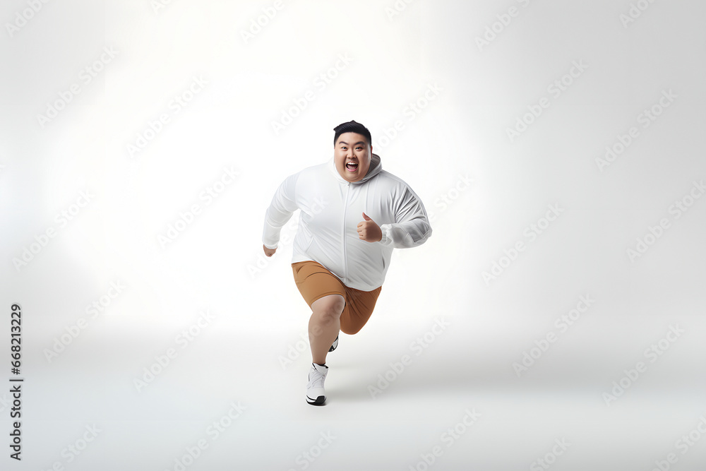 Overweight young adult Asian man running on white background, concept of overweight and weight loss. Neural network generated image. Not based on any actual person or scene. Overweight young adult Asian man running on white background, concept of overweight and weight loss. Neural network generated image. Not based on any actual person or scene.