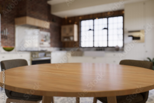 Kitchen with an emphasis on the surface of the kitchen table with a blurred background - a place to place products.  © sanchopancho