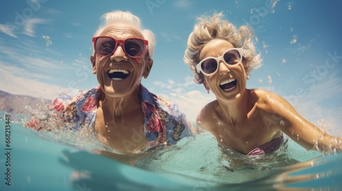cheerful couple of old people swim in sea