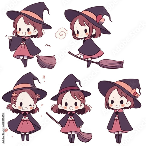 Set of Little Cute witch Girl Halloween Transparent Background